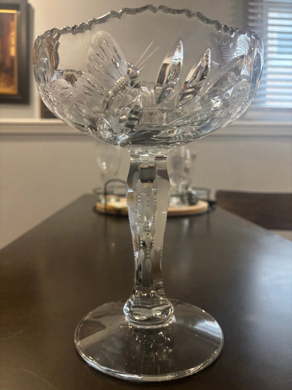 Vintage Brilliant Cut Glass Crystal Compote Pedestal - Butterfly & Floral 9"h